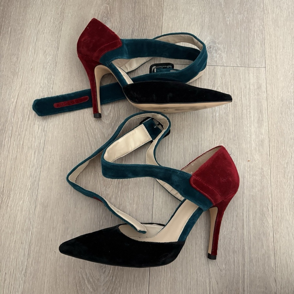 Zara Womens Heels Size 38 Teal Black Burgundy Colorblock Velvet Ankle Strap